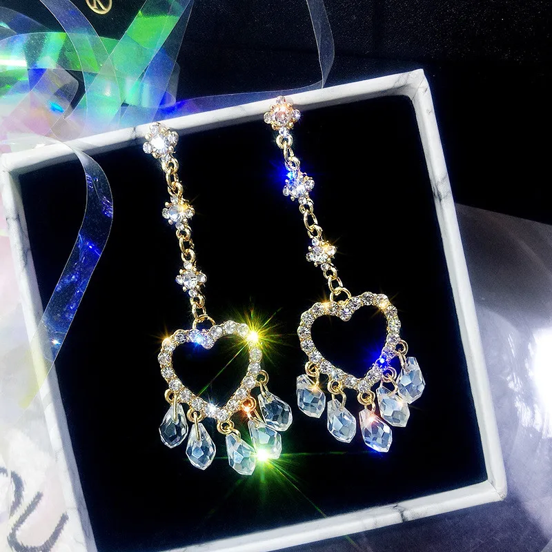 FYUAN длинные кисточки Кристаллы Стразы Висячие серьги для женщин Bijoux изысканное сердце висячие серьги массивные ювелирные изделия вечерние подарки - Окраска металла: gold