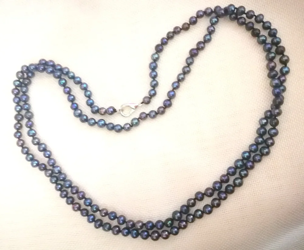 

65'' 165cm Women Jewelry 6x7mm black colors pearl beads handmade long necklace Natural freshwater pearl gift