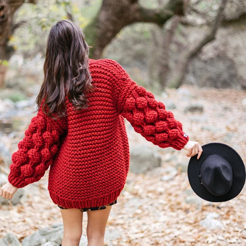 Зима Весна для женщин модные длинные фонари рукавом Вязание женский свитер