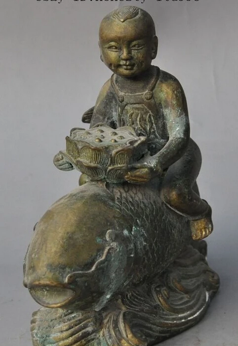 787 + 7 &quotСтарый китайский латунный по феншуй мальчик лад кататься рыбы держать