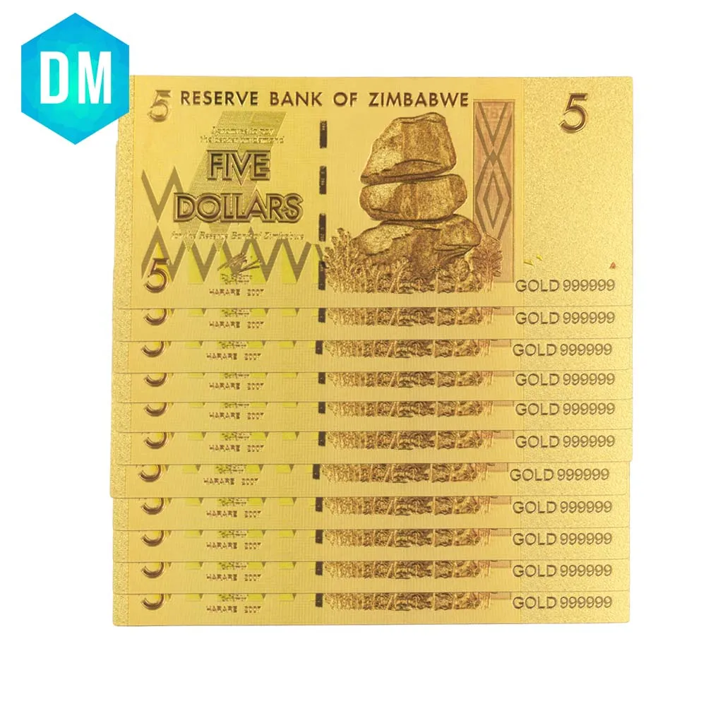 10pcs/lot Zimbabwe 5 Dollars Gold Banknote In 24k Gold Plated with 99.9% Metal Pure Gold for Collection
