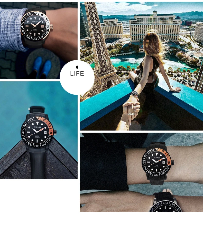 PARNIS, повседневные автоматические мужские часы, Relojes Hombre,, сапфировое стекло, резина, светящиеся, авто-дата, механические часы, мужские часы