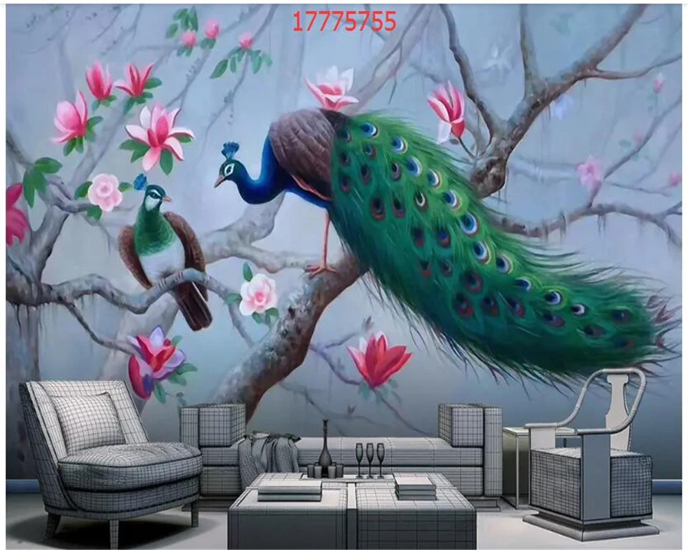 

beibehang Customized new Chinese hand-painted magnolia flower house peacock background wall decorative painting wallpaper behang