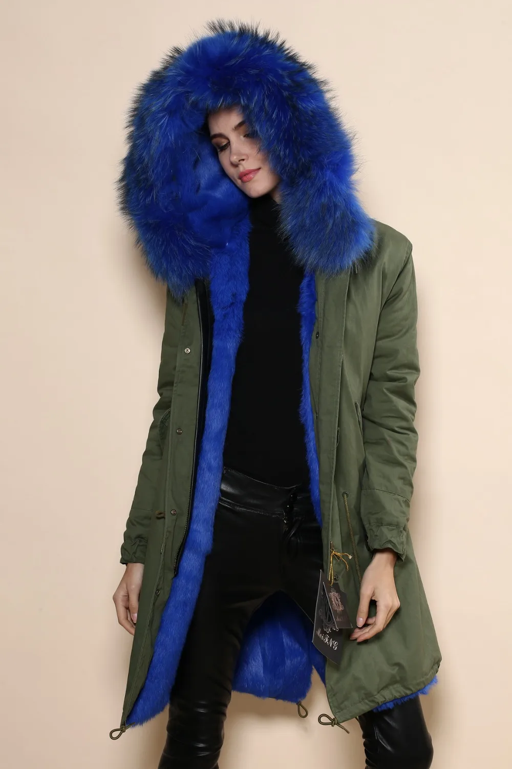 Темно-зеленая женская зимняя пуховая модная синяя шапка длинная парка высшего