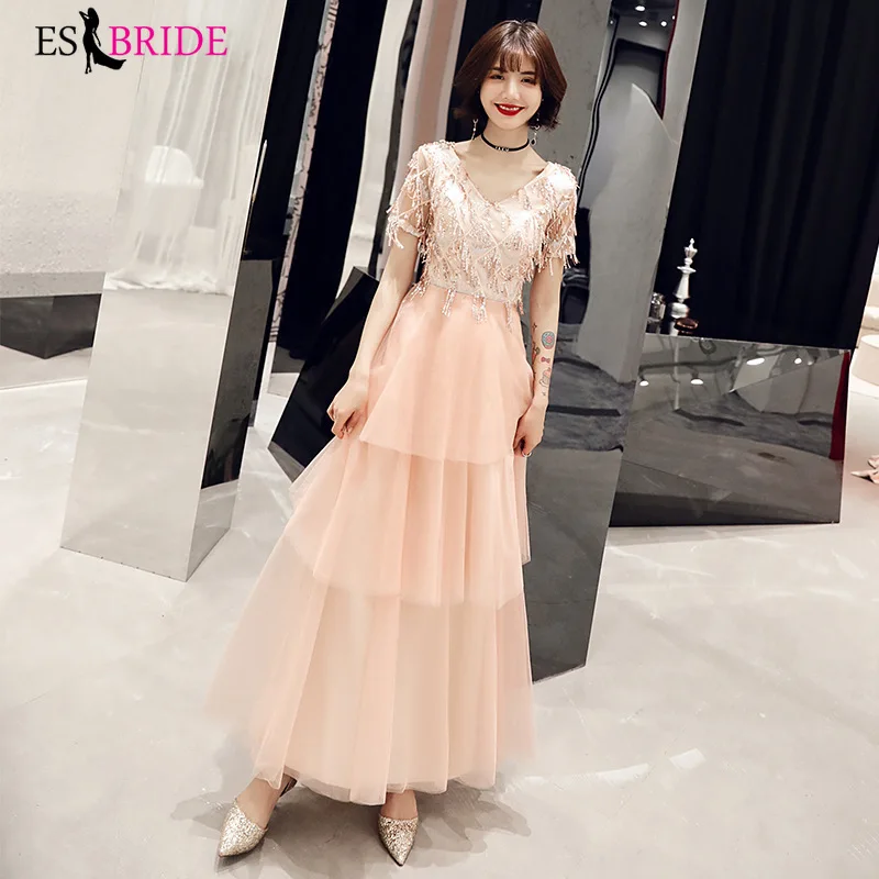 Розовое повседневное офисное вечернее платье Vestidos De Fiesta De Noche, длинное сексуальное вечернее платье с v-образным вырезом ES2481