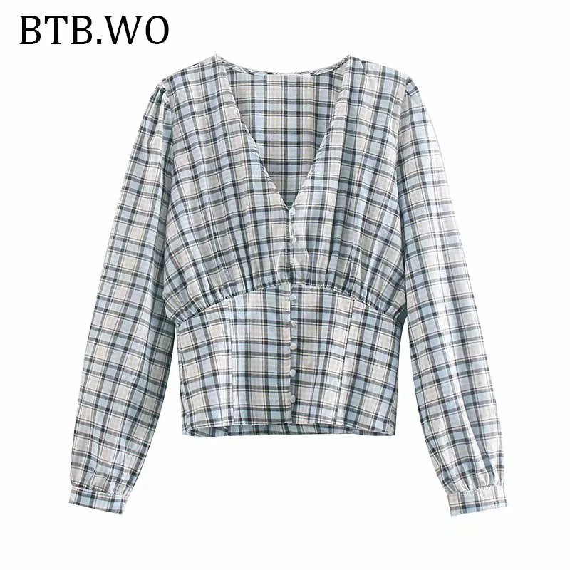 Женские рубашки blusas mujer de moda 2019 с v-образным вырезом клетчатая Повседневная