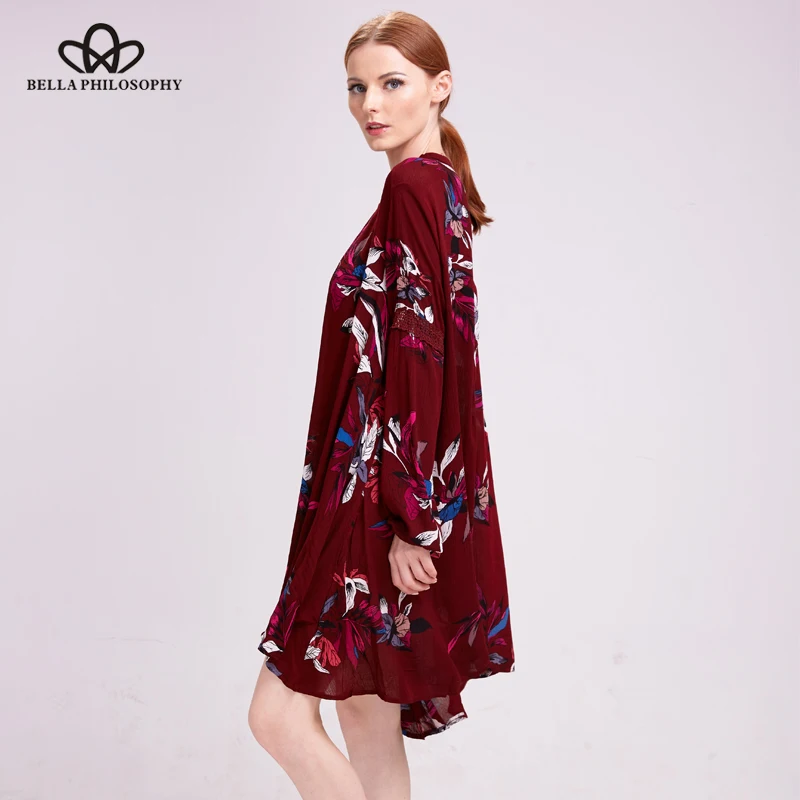 Bella Philosophy 2019 spring summer casual long-sleeved V-neck floral print yellow blue women mini dress | Женская одежда