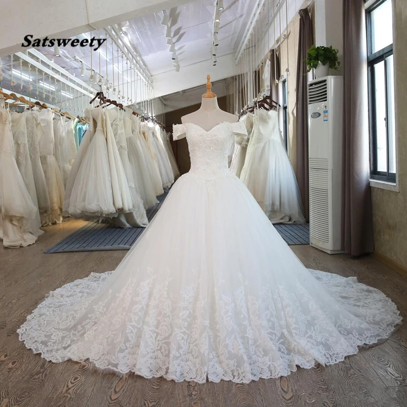 

Real Photos Off The Shoulder Ball Gown V-Neck Pearls Wedding Dress Lace Appliques With Sequins Cathedral Train vestido de noiva