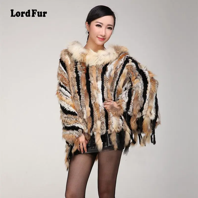 Женская шаль из натурального кроличьего меха TopFurMall с капюшоном лисьего и