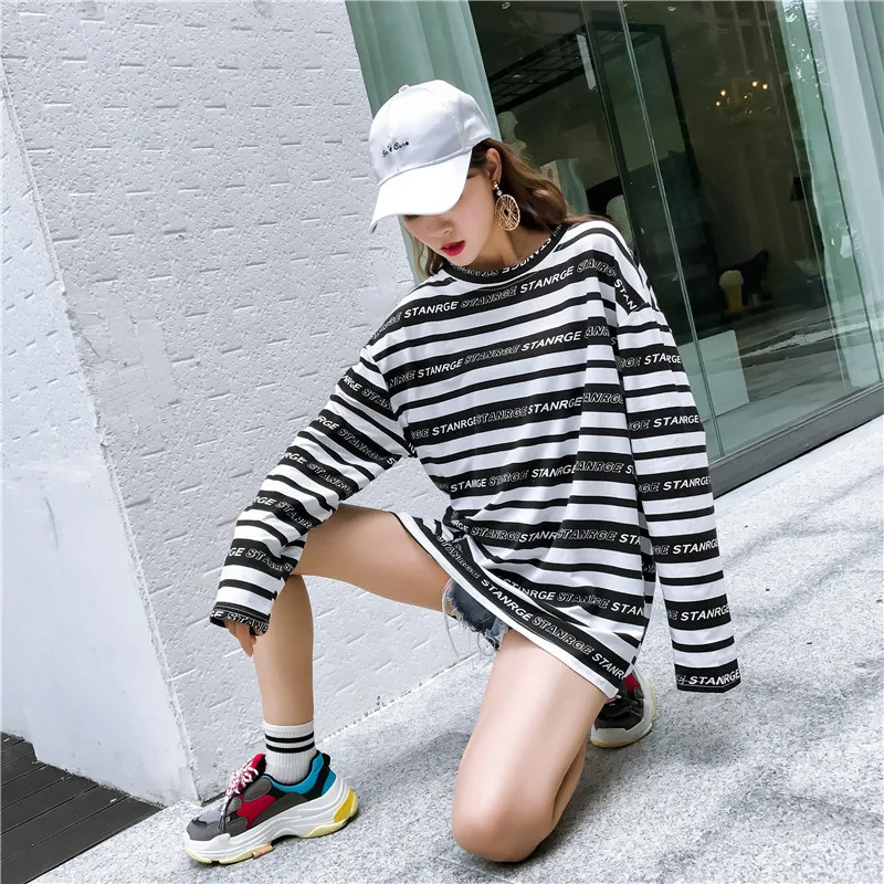 Женская футболка в полоску Ulzzang Harajuku Корейском стиле хип-хоп базовая Polera Holgada