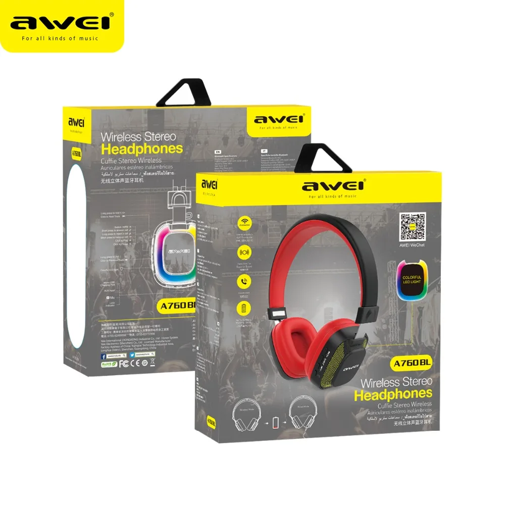 Новые AWEI A760BL v4.2 Bluetooth наушники объемного 3D стерео Беспроводная гарнитура со вспышкой Шум снижение