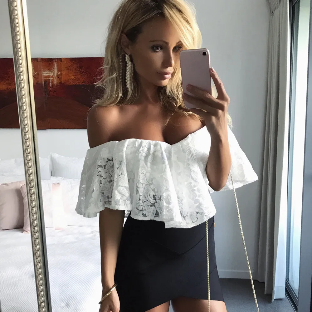 Женский кружевной боди с оборками и открытыми плечами эластичный Топ для