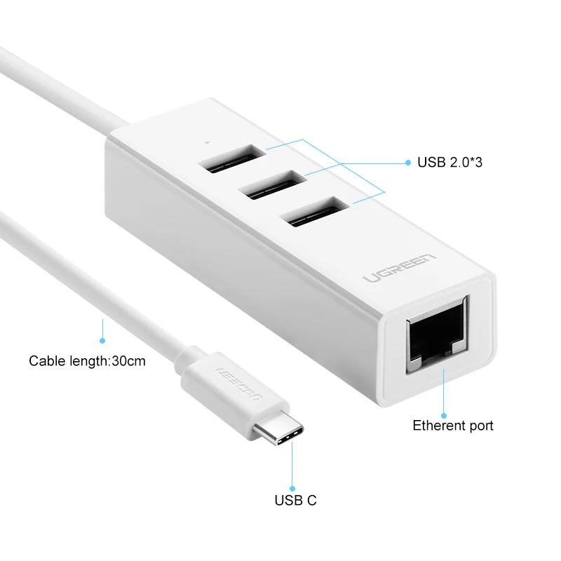 Адаптер Ugreen с USB Type C на Ethernet концентратор 2 0 3 портами сетевая карта RJ45 адаптер