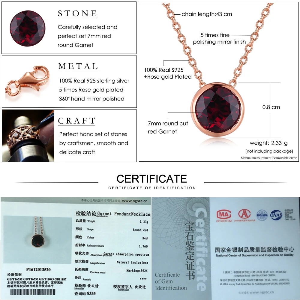 LAMOON Long Pendant Necklace 925 Sterling Silver Jewelry 7mm 1.5ct Natural Gemstone Red Rubin Garnet Pendants Simple Necklaces | Украшения
