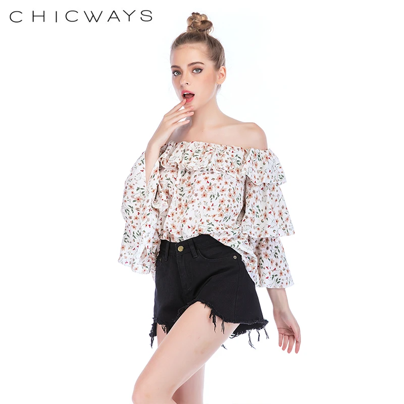 Chicways 2018 летняя шифоновая блузка с открытыми плечами цветочным принтом рюшами