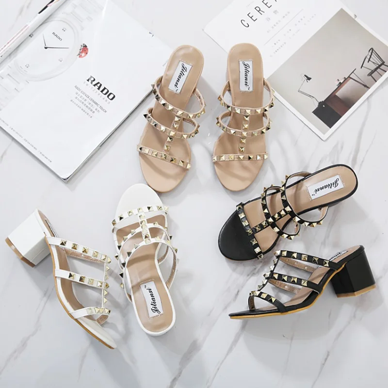 Summer Women Shoes Black white Flip Flops Rivet Soft Beach Outdoor High heels Slipper 2019 Brand Designer | Обувь