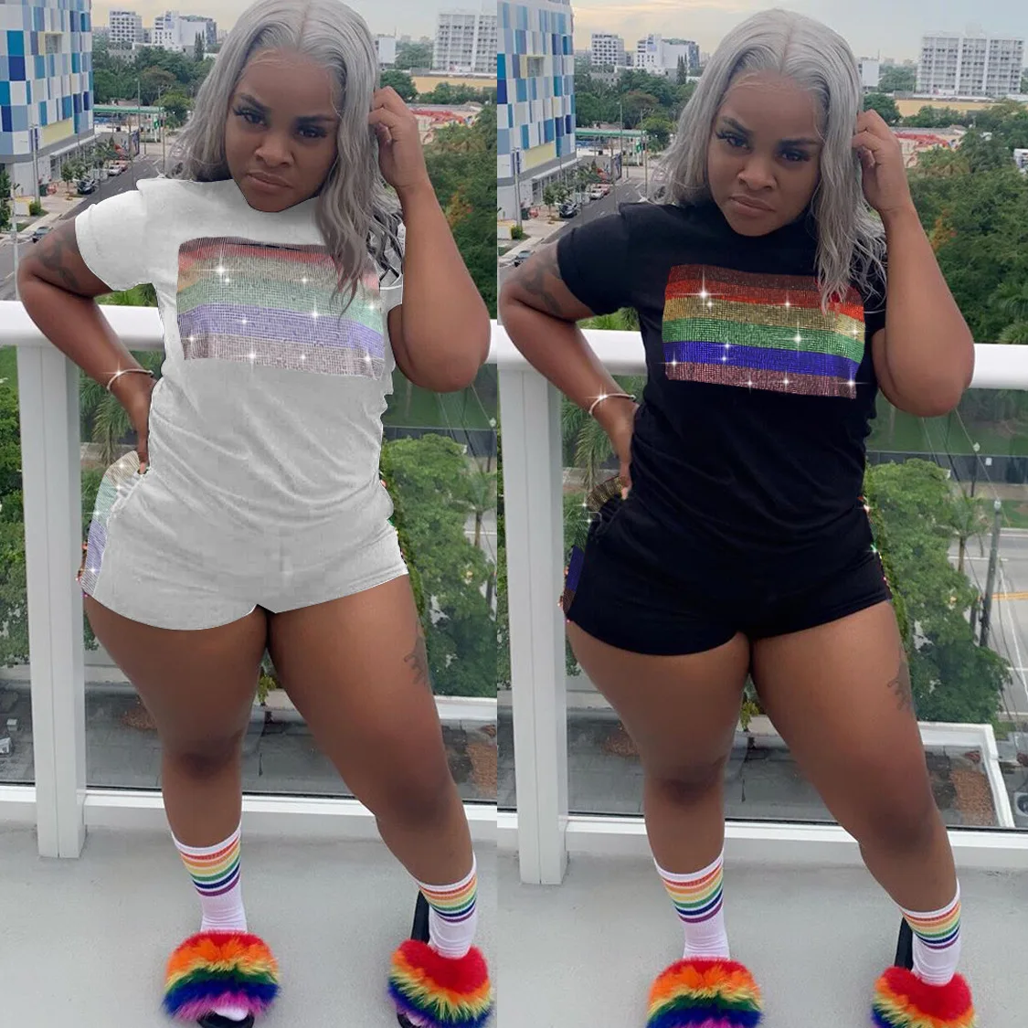 Rainbow Rhinestone Two Piece Summer Clothes for Women Short Sleeve T Shirt+ Bodycon Biker Shorts Plus Size Causal Matching Sets