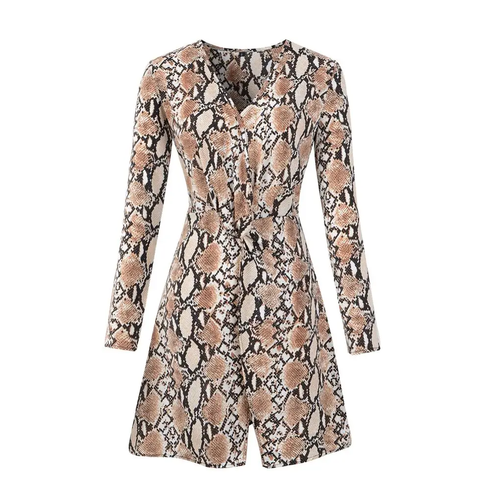Chicanary Leopard Print Stain Long Sleeve Plunge Wrap Dress Women Sexy Animal Twist Front Mini Dresses One Piece | Женская одежда