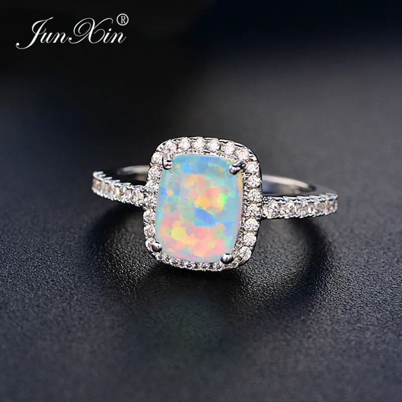 White Opal JUNXIN простое мужское женское кольцо с голубым/белым/зеленым/фиолетовым опалом, винтажные обручальные кольца для мужчин и женщин - Цвет основного камня: White Opal