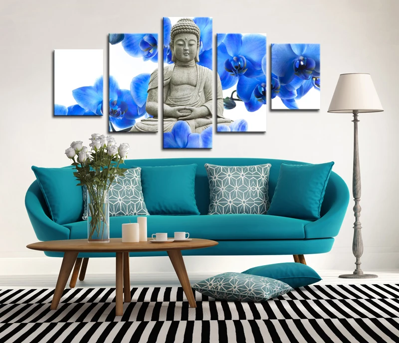 Синие цветы и статуя картины Будды для гостиной Настенная картина маслом Будда