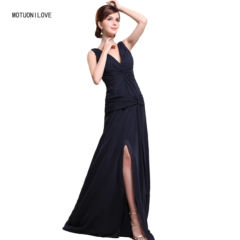 

Темно-синие Сексуальные вечерние платья с разрезом, элегантные шифоновые длинные вечерние платья с V-образным вырезом и рюшами, женское пла...