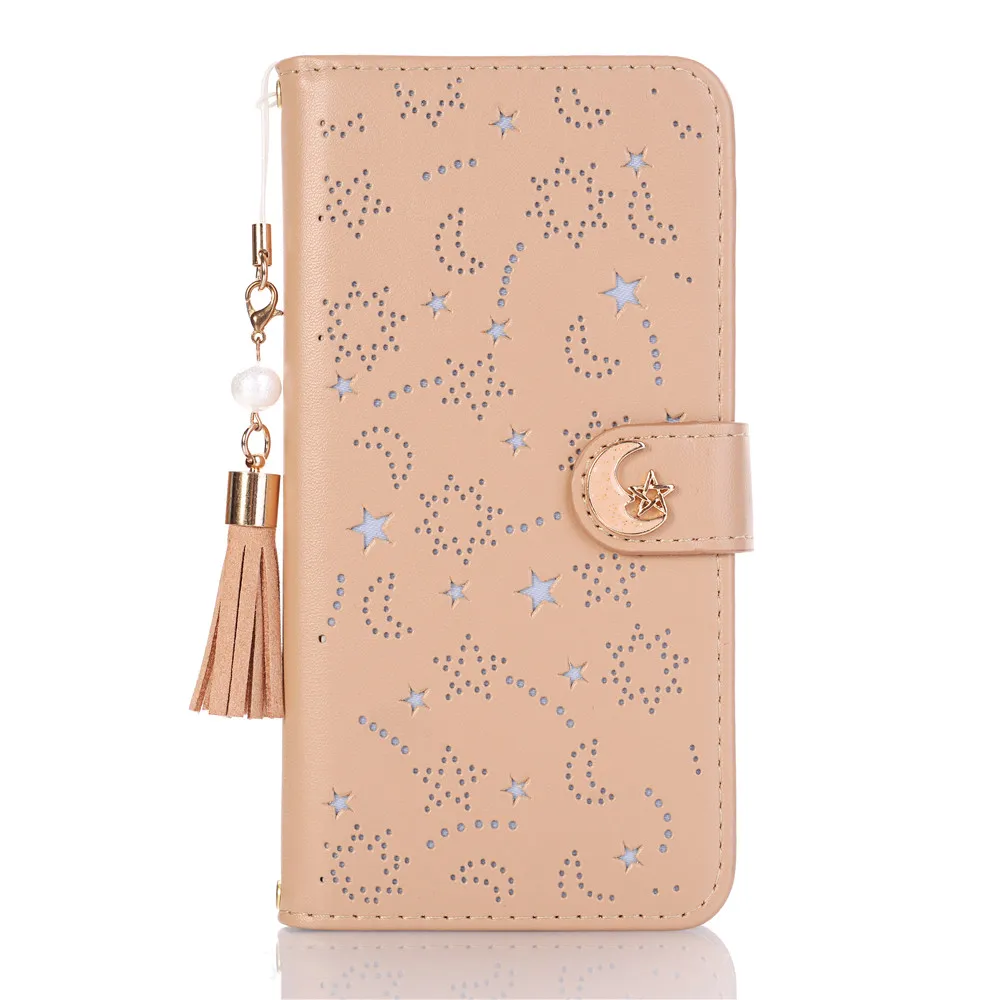 Light Brown Роскошный кожаный чехол-книжка с кисточкой и жемчугом для Iphone X, 8, 7, 6, 6S Plus, Xs Max, Xr, милый Магнитный кошелек со звездами и месяцем, чехол-книжка 360 - Цвет: Light Brown