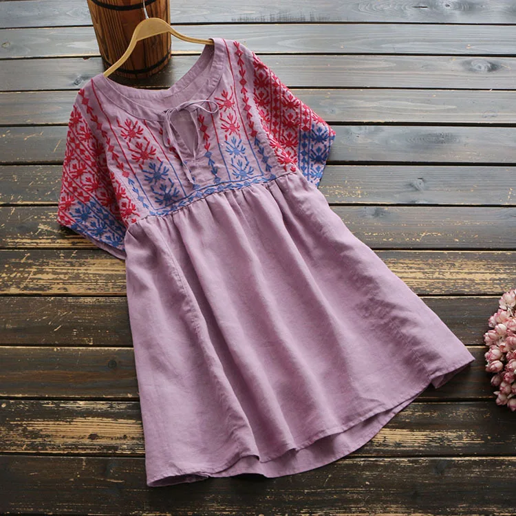 5977 new summer women Color embroidered cotton linen short dress Japan style Retro Casual O-Neck sleeve mini | Женская одежда