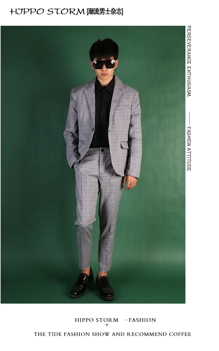 

Men Gray Plaid 2PCS Suits Sets (jacket+pant) Male Slim Fit Business Casual Suit Blazer Jacket Coat Trousers Stage Show Costumes