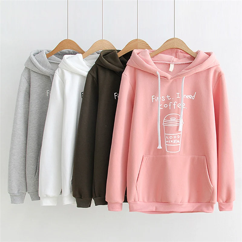 2018 New Women Hoodies Cotton Hooded Harajuku Sweet Cute Pleated Long Sleeve Coffee Print #2893 | Женская одежда
