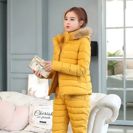 Yellow Женский спортивный костюм, зимняя Новинка, съемная шапка с меховым воротником, куртка и хлопковые длинные штаны, модный костюм, комплект из двух предметов H203 - Цвет: Yellow
