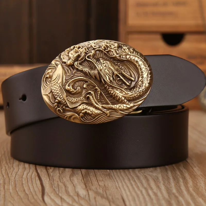GV dragon coffee Золотая Пряжка, твердая латунь, дракон, рыба, китайский стиль, полное зерно, Воловья кожа, натуральная кожа, мужские ремни, роскошный коричневый, черный, высокое качество - Цвет: GV dragon coffee