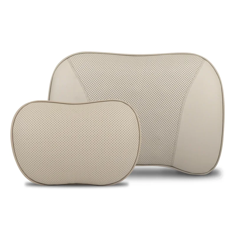 beige 1set Новинка, Кожаный Автомобильный подголовник, Автомобильная подушка для шеи, подушка для сиденья, автомобильный хлопковый подголовник с памятью, подушка для талии, набор для салона автомобиля - Цвет: beige 1set