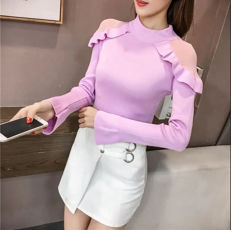Pink purple Осенне-зимние женские модные вязаные лоскутные плиссированные сетчатые свитера с открытыми плечами пуловеры топы для девочек Вязаный вязаный свитер - Цвет: Pink purple