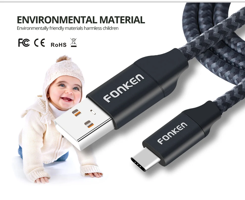 FONKEN кабель usb type-C Quick Charge type USB C 2,0 телефонный кабель 2 м 3 м 3 А шнур для быстрой зарядки данных для внешнего аккумулятора мобильных кабелей