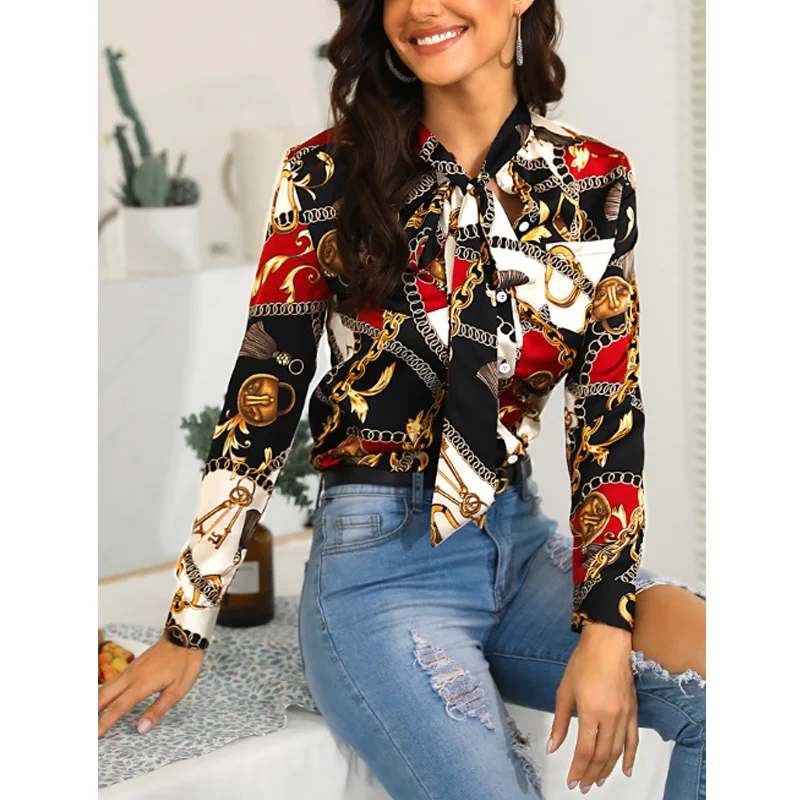 2019 Women Chain Print Casual Shirt Bow Front Office Lady Street Wear Long Sleeve Spring Fall Fashion Shirts |