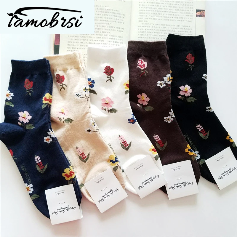 2021 Korean American Retro Rose Autumn Winter Cotton Casual Socks Warm Women Streetwear Cute Funny Socks Short Happy Ankle Socks