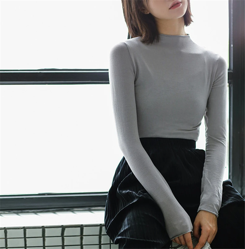 2017 Korea Harajuku BF Women T-Shirts Full Sleeve Autumn Pullover Tees Preppy Chic Winter Slim Casual Solid Color Basic |