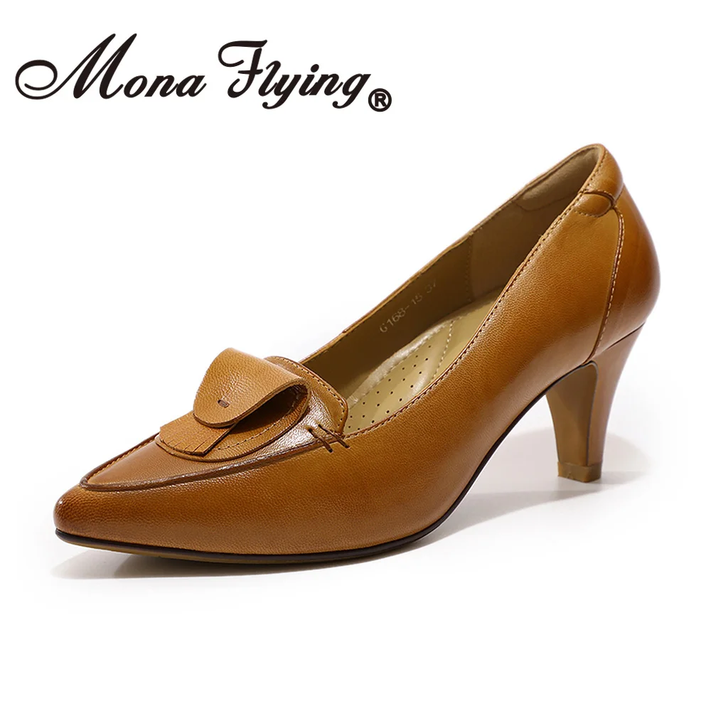 Mona Flying/женские туфли-лодочки кожаные модельные удобные элегантные туфли ручной работы женские туфли-G168-15 на высоком каблуке с острым носком без застежки - Цвет: Brown