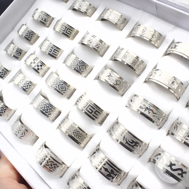 

20 Pieces/lot Mix Style Vintage Stainless Steel Rings Men Jewelry Gold Color Bohemian Statement Rings Wholesale Width 8mm