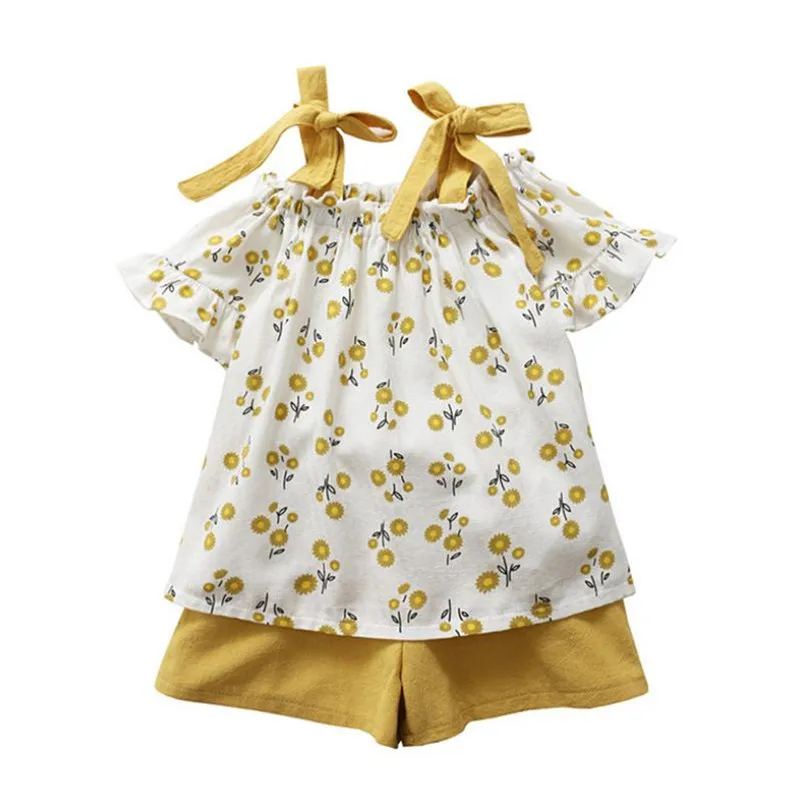 

2019 Summer New Fashion Kids Clothes Girl Clothing Set Short Sleeve Floral Bowknot Sling Top+Short Pant 2pcs Children Outfits