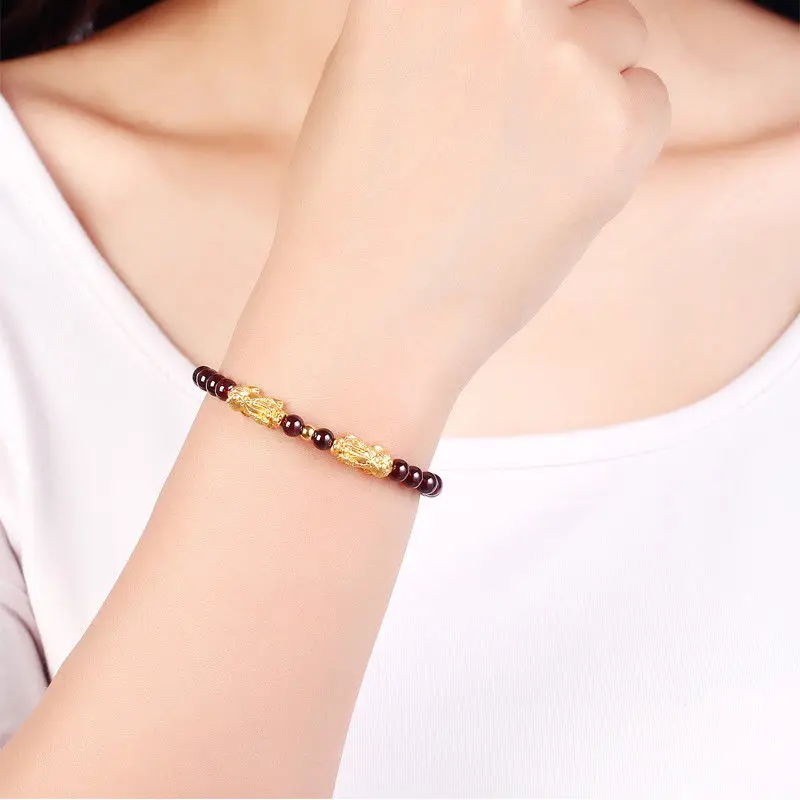 

Solid 24k Yellow Gold 3D Lucky Pixiu with 5mm Dark-Red Garnet Bead Bracelet