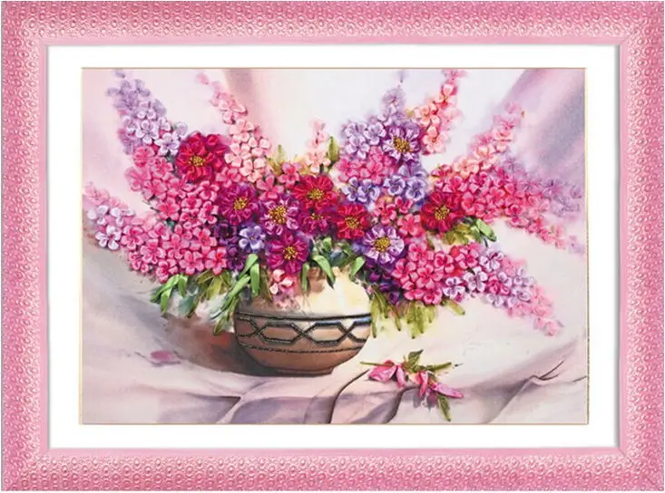 Chinese Needlework DIY Ribbon Cross stitch Sets for Embroidery kit vase flowers bands embroidery wall wedding gift decoration | Дом и сад