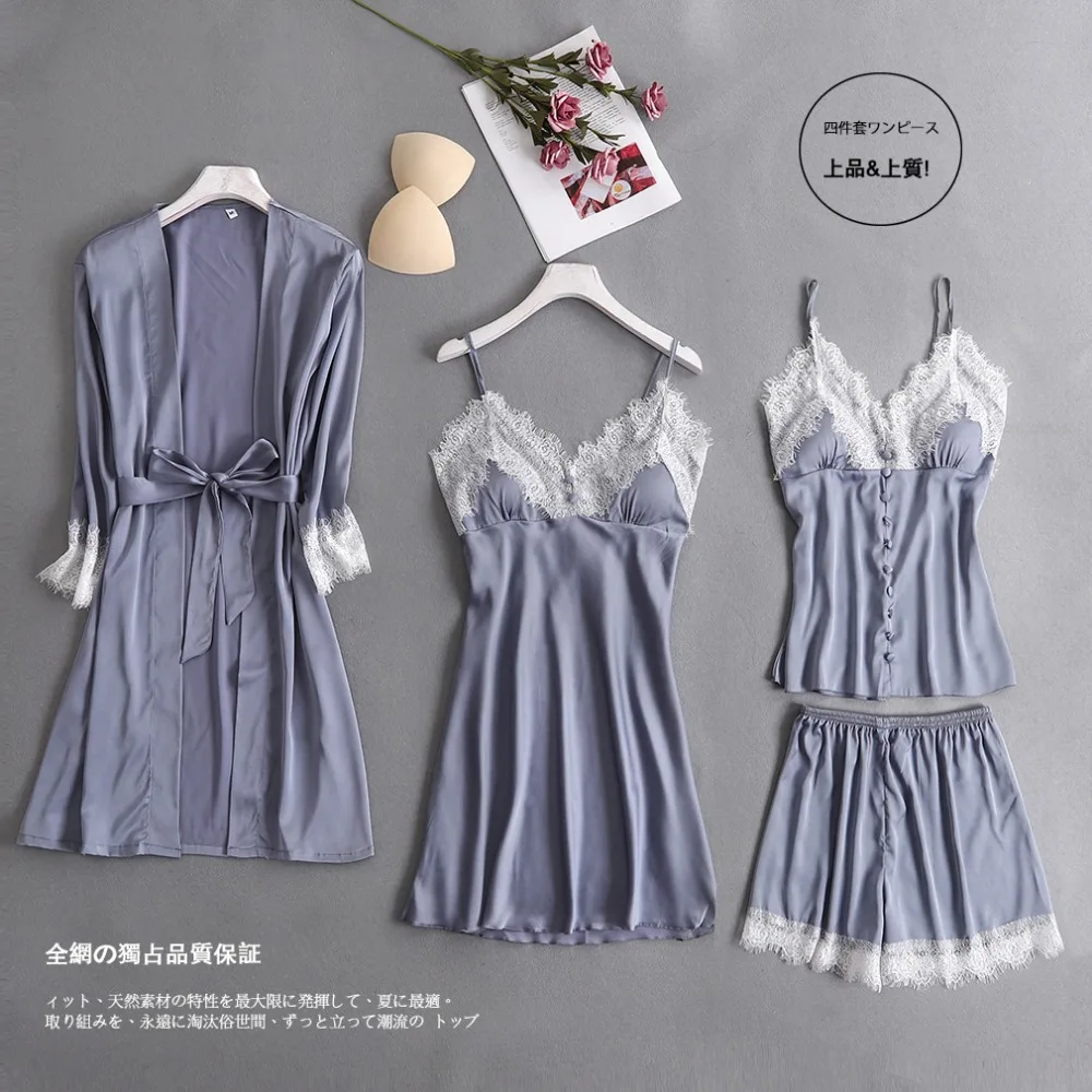 Комплект одежды из 4 предметов: халат + ночная рубашка топ шорты Шелковый Атласный