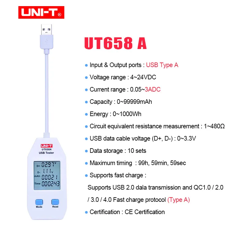 UT658A UNI-T UT658A/UT658C/UT658DUAL серия USB измеритель мощности и тестер цифровой измеритель напряжения/тока/емкости/энергии/сопротивления - Цвет: UT658A
