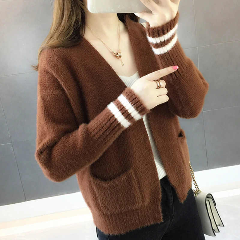 Женский кардиган с длинным рукавом теплый однотонный короткий свитер LQ079