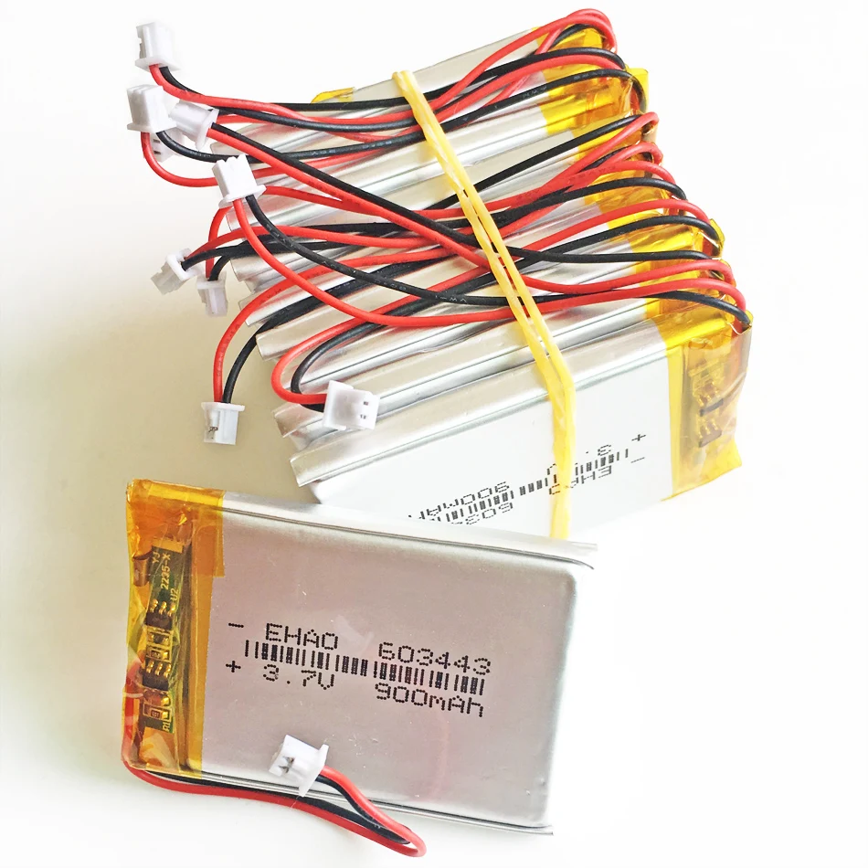

10 x 3.7V 900mAh battery JST 1.25mm 2pin connector 603443 Lithium Polymer LiPo Rechargeable Battery cell For Mp3 GPS PSP Speaker