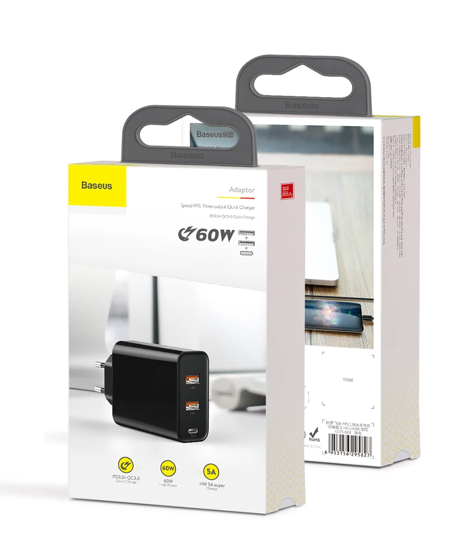 Baseus 60 Вт USB зарядное устройство Быстрая зарядка 3,0 usb type C зарядное устройство для iPhone 8 X XS PD 5A быстрое USB зарядное устройство для huawei samsung S10 S9