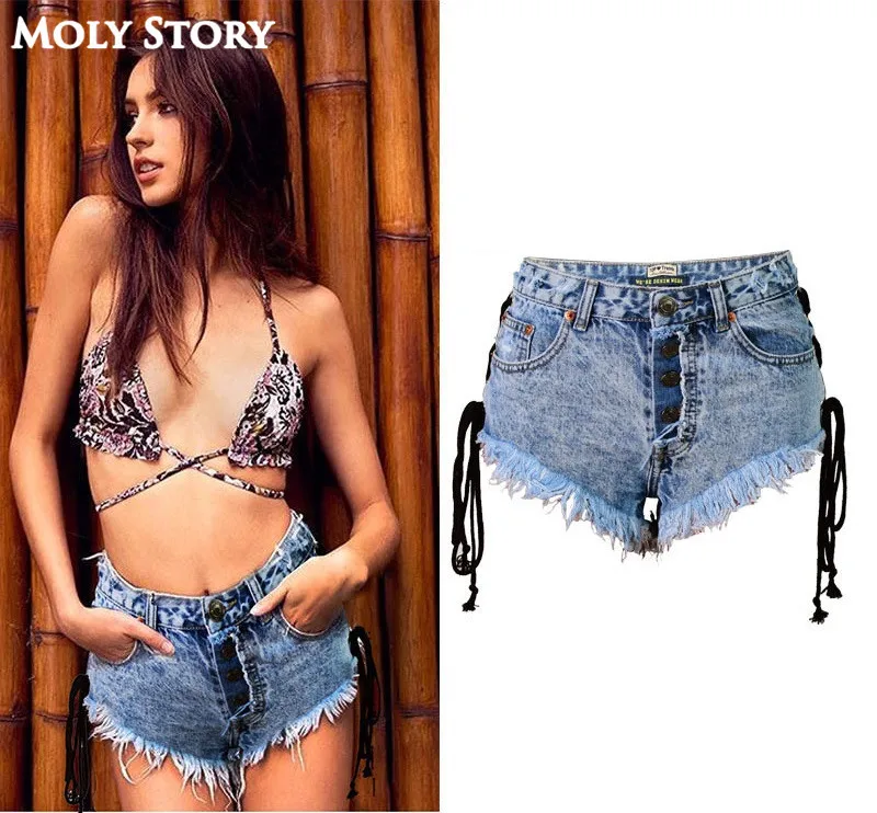 

New Summer Lace Up High Waist Jean Shorts for Women Sexy Mini Shorts Femme Fringe Cut Off Plus Size Booty Shorts Taille Haute