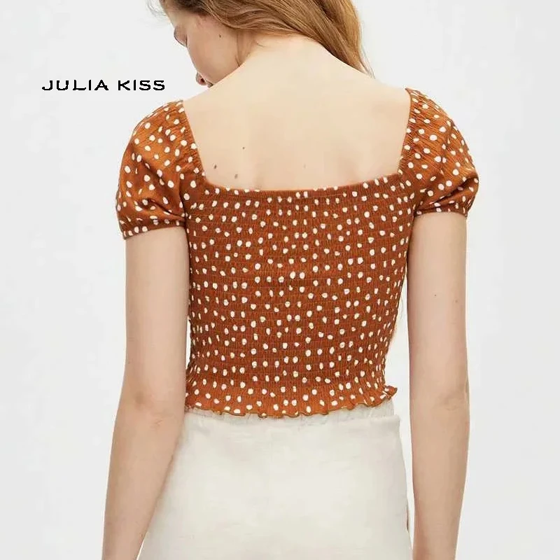 Женский топ с пышными рукавами и оборками в горошек коричневого цвета |