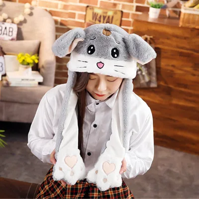 mouse gray Детские шапки с ушками животных для девочек; теплые плюшевые шапки с кроликом для детей и женщин; зимние шапки с милым кроликом; забавные шапки с подушкой безопасности - Цвет: mouse gray
